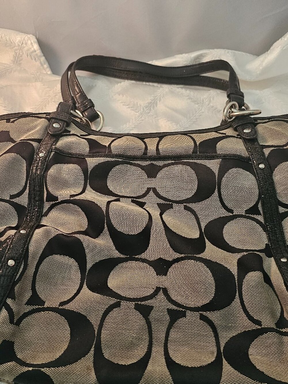 Coach Alexandra Signature Tan and Black Tote Bag